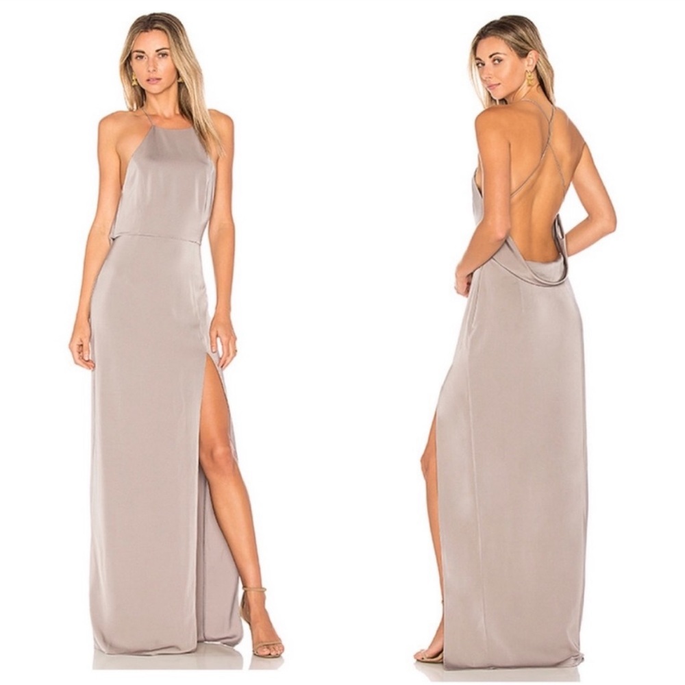NWT Lovers + Friends Sheyla High Neck Draped Back Maxi Gown Slate Grey Champagne